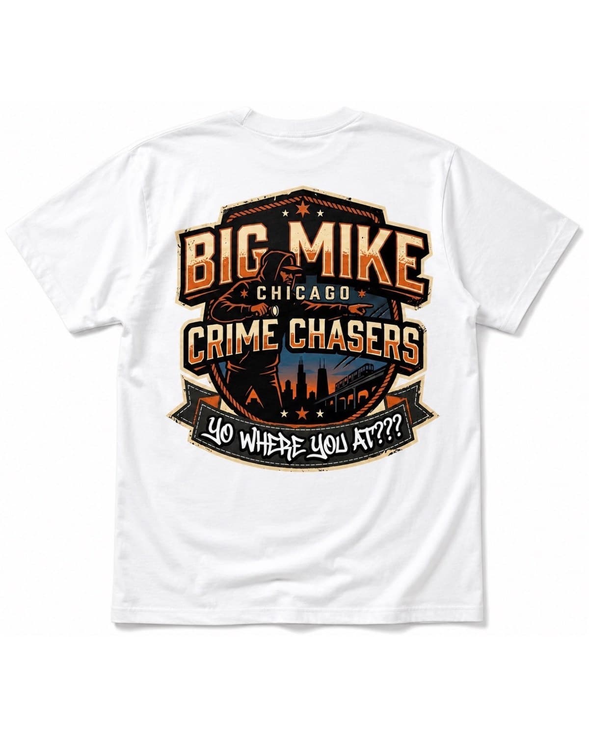 The Crime Chasers back print on a white tee